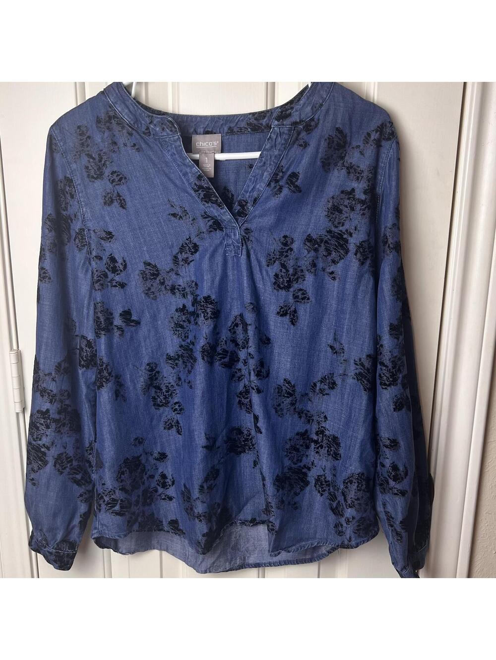 Dark Coquette Chicos Denim Embroidered V Neck LS Floral Shirt Wom Sz 1 Indigo